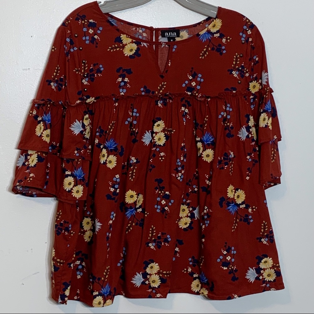NWT Ana floral print rust‎ boho bell sleeve blouse